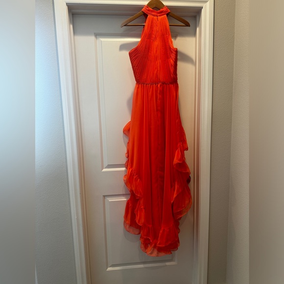 Leena for Mac Duggal size 6 Ruffle Tiered High Low pleated halter neck gown - Picture 3 of 3